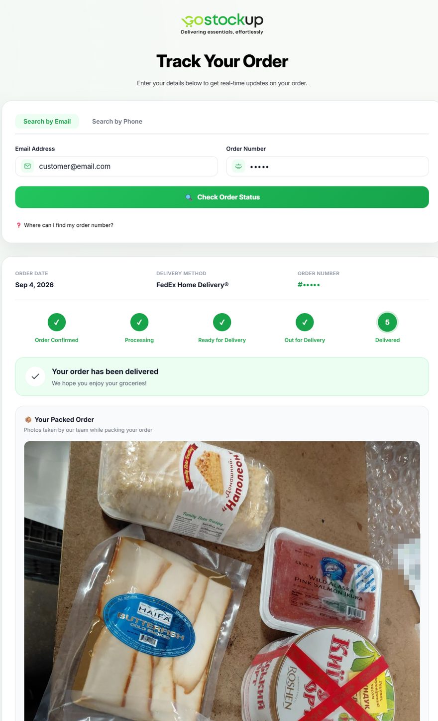 Gostockup order tracking page: five statuses and a photo of the packed order